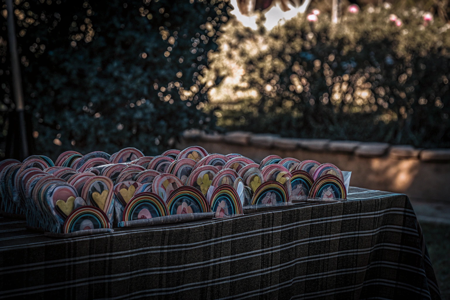 Einladungen mit bunten Regenbogen- und Herzformen, die auf einem Tisch arrangiert sind. Bunte Einladungskarten