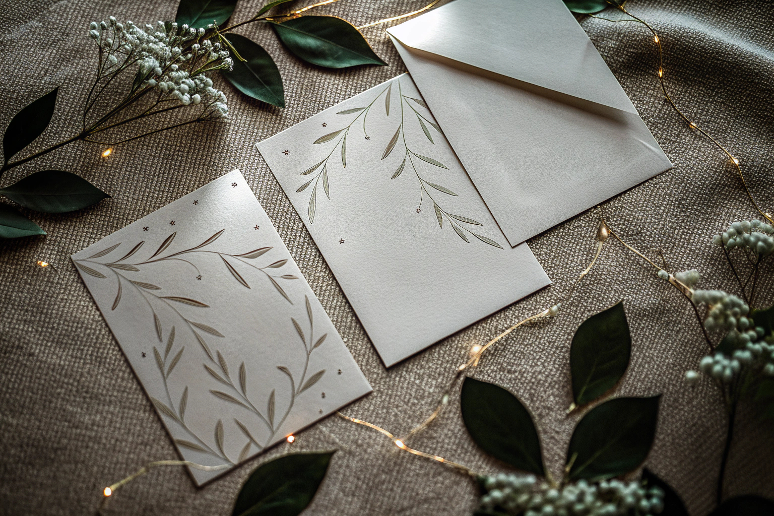 Einladungskarten mit einem eleganten Blätterdesign, perfekt für Hochzeiten oder stilvolle Geburtstagsfeiern. Elegante Einladungskarten mit Blätterdesign
