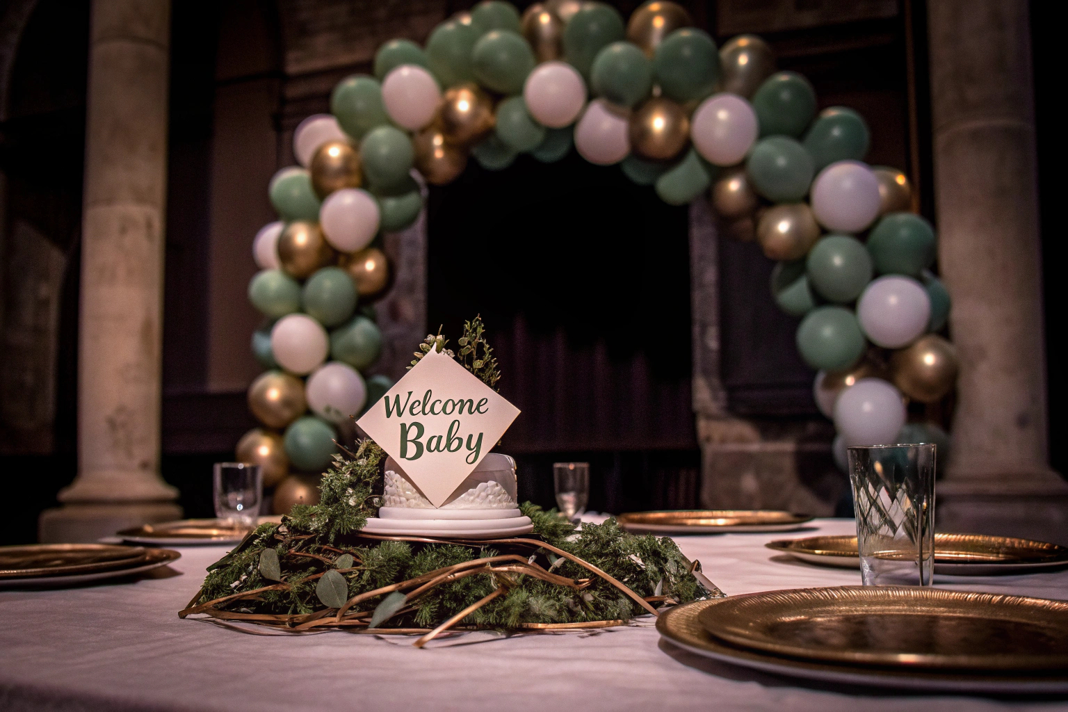 Babyshower Dekoration in Grün und Gold