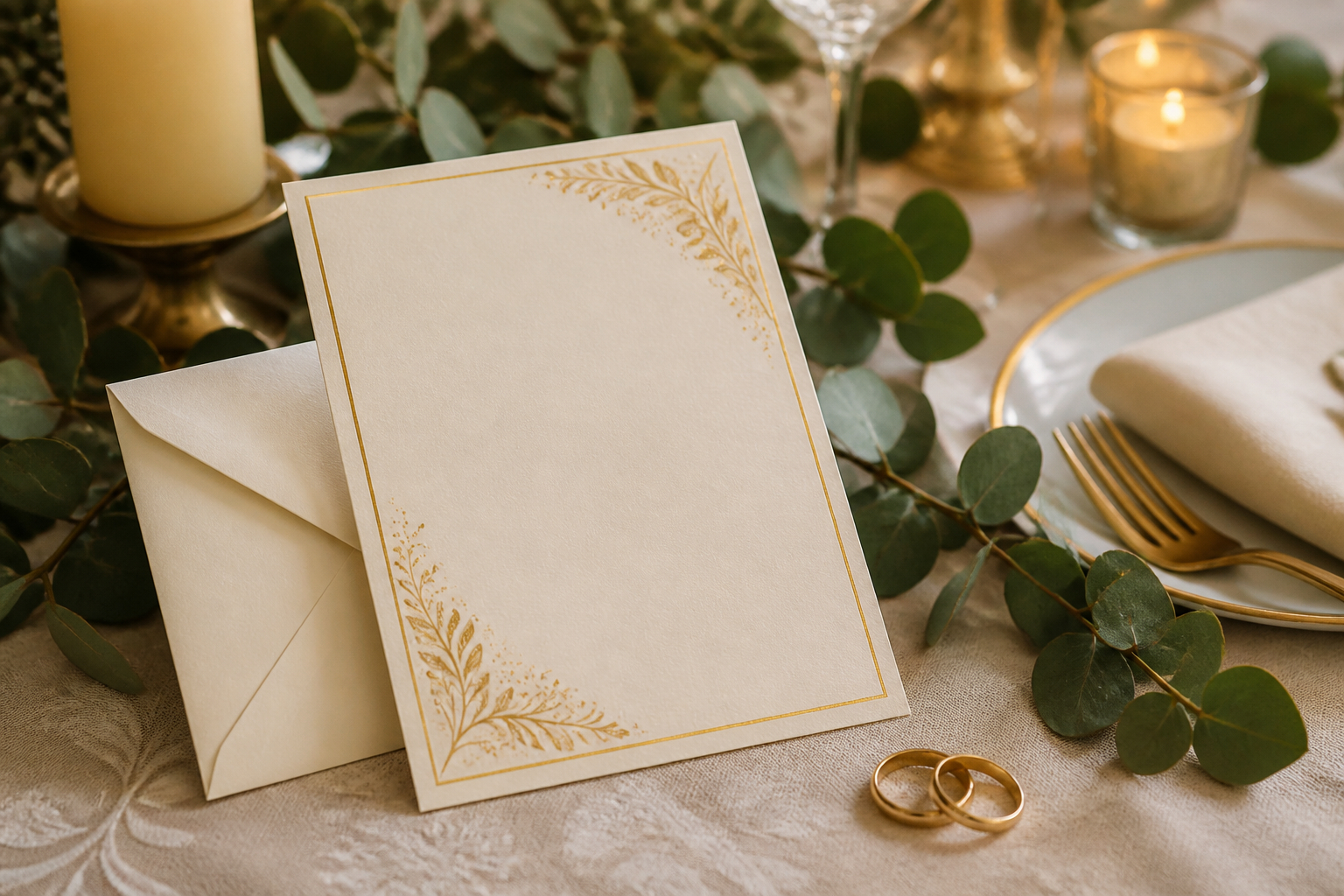 Elegante Hochzeitskarte mit Goldprägung und Eheringen