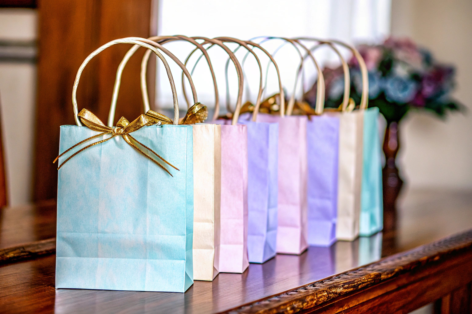 Elegante Mifferer Geschenktüten mit goldener Schleife und Seidenpapier, perfekt für besondere Anlässe. Mifferer Geschenktüten mit goldener Schleife