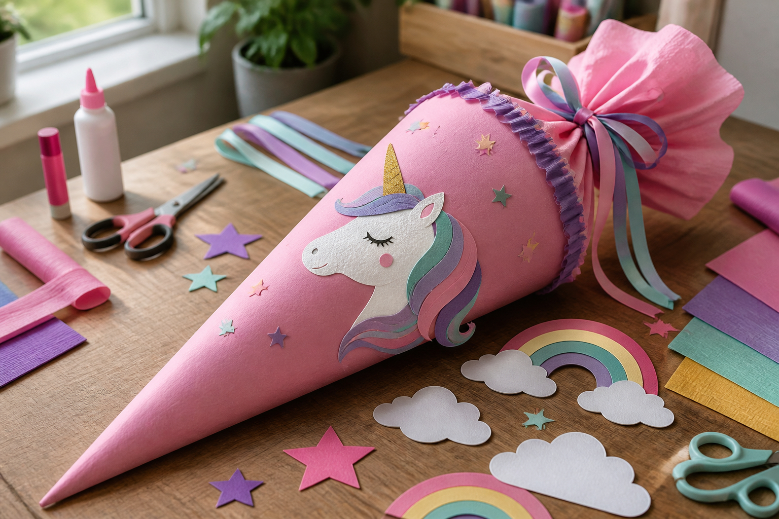 Einhorn-Schultüte gemeinsam mit Kindern basteln