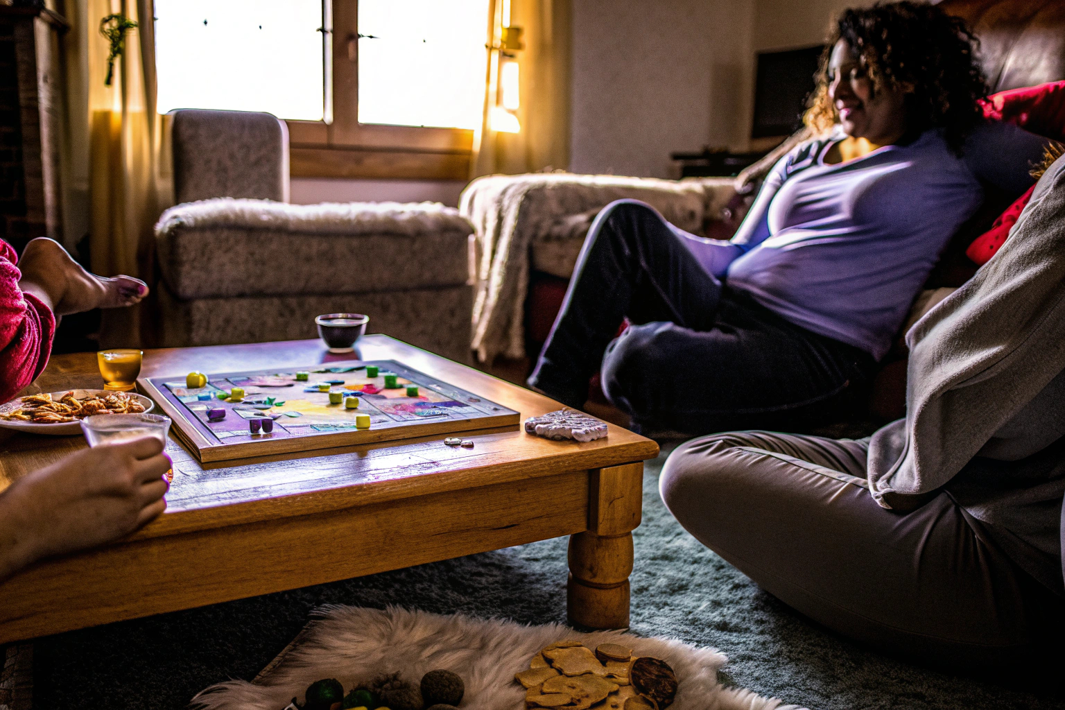 Familienmitglieder, die gemeinsam ein Brettspiel spielen und lachen. Unterhaltsame Spiele auf der Familienfeier