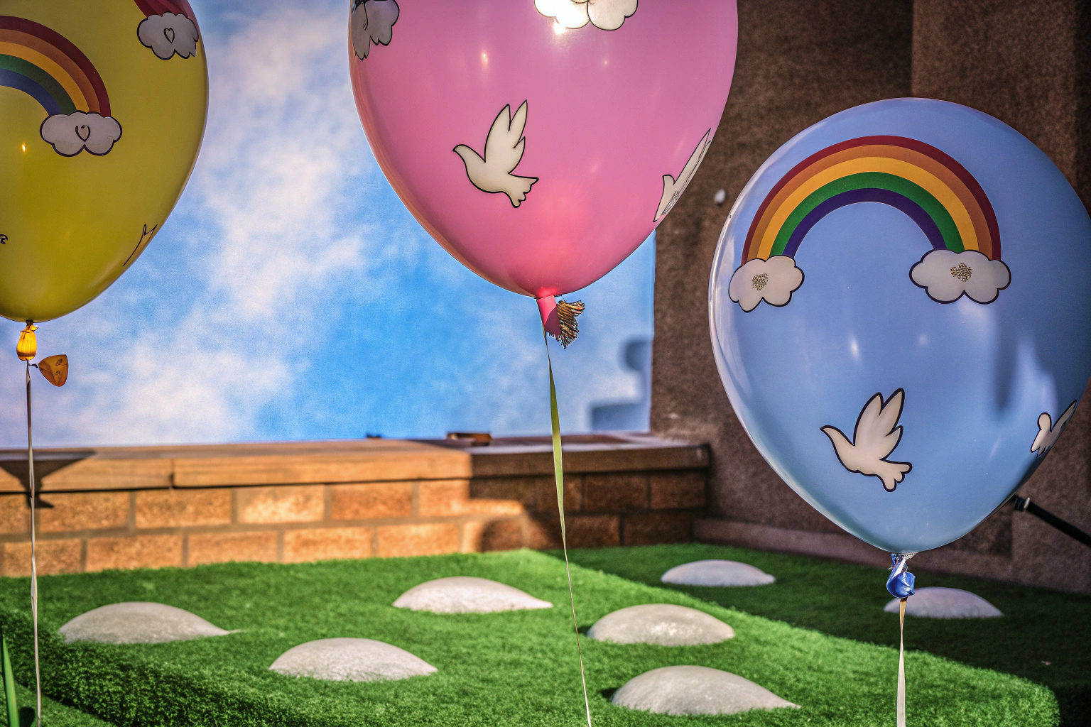 Farbenfrohe Luftballons mit Tauben- und Regenbogenmotiven für eine fröhliche Tauffeier. Taufe Luftballons