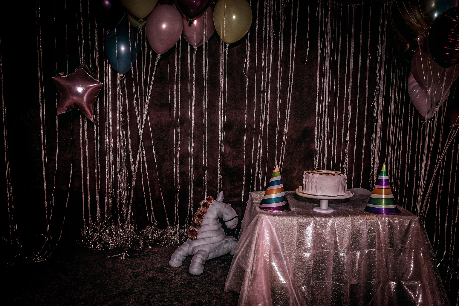 Farbenfrohe Partydekoration mit Ballons und Girlanden für Kindergeburtstag. Bunte Kinderpartydekoration mit Ballons und Girlanden