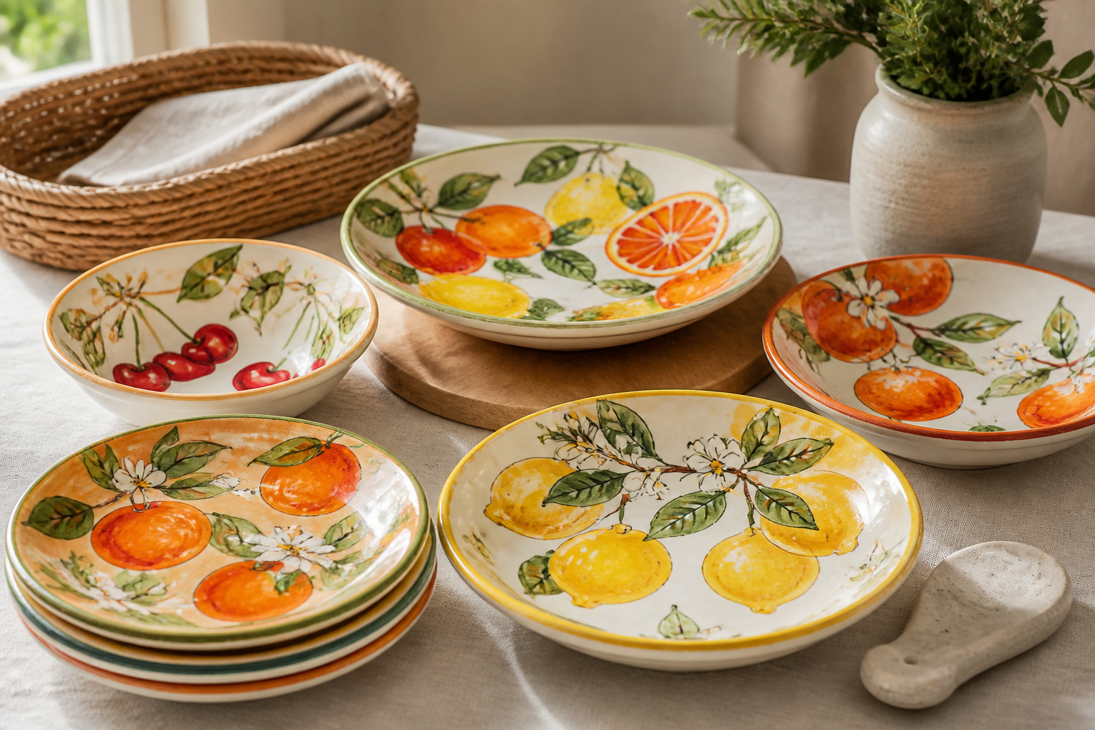 Bemalte Teller und Schalen mit modernen Fruchtmotiven