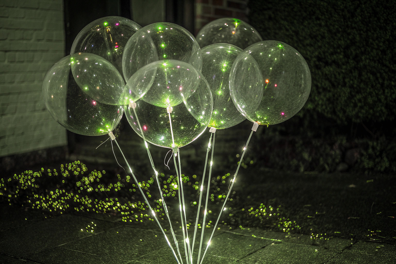 Farbige LED-Lichter, die in durchsichtigen Ballons leuchten und eine magische Atmosphäre schaffen. LED-Lichter in Ballons
