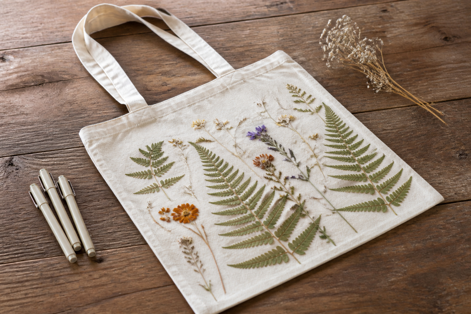 Nachhaltige Stofftasche mit Blätter- und Blütendruck