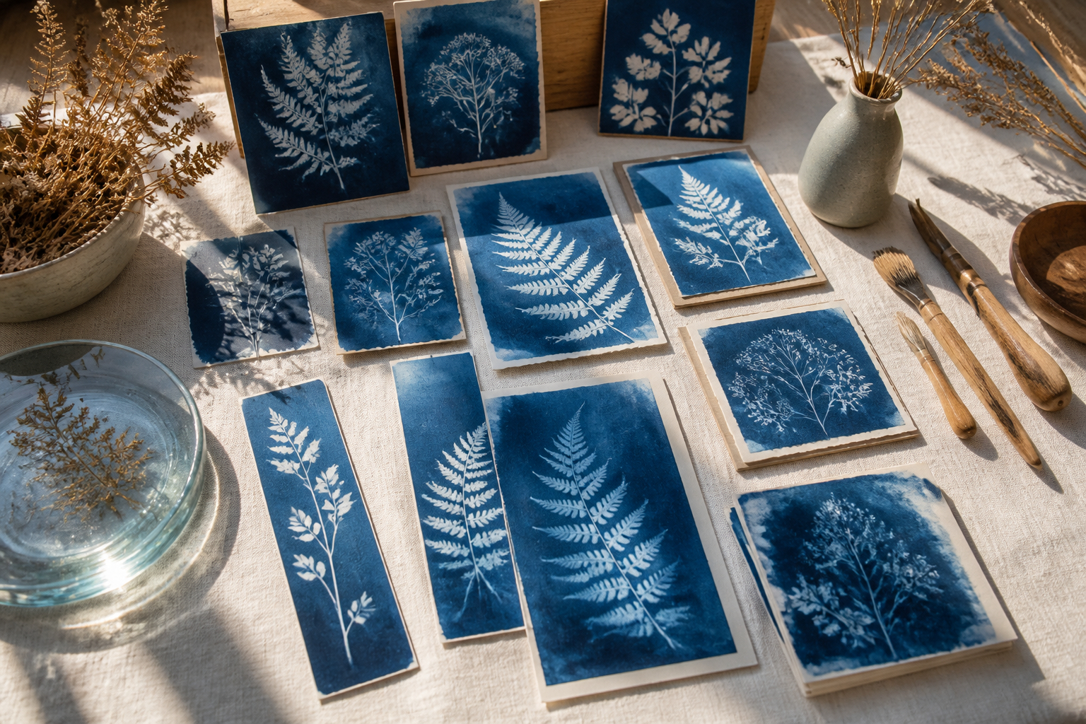 Cyanotypie-Karten und botanische Sonnendrucke als DIY-Dekoration