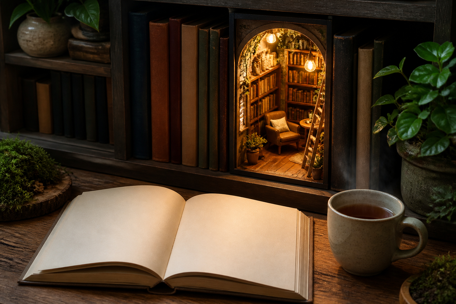 Gemütliche Book-Nook-Lesewelt mit LED-Beleuchtung