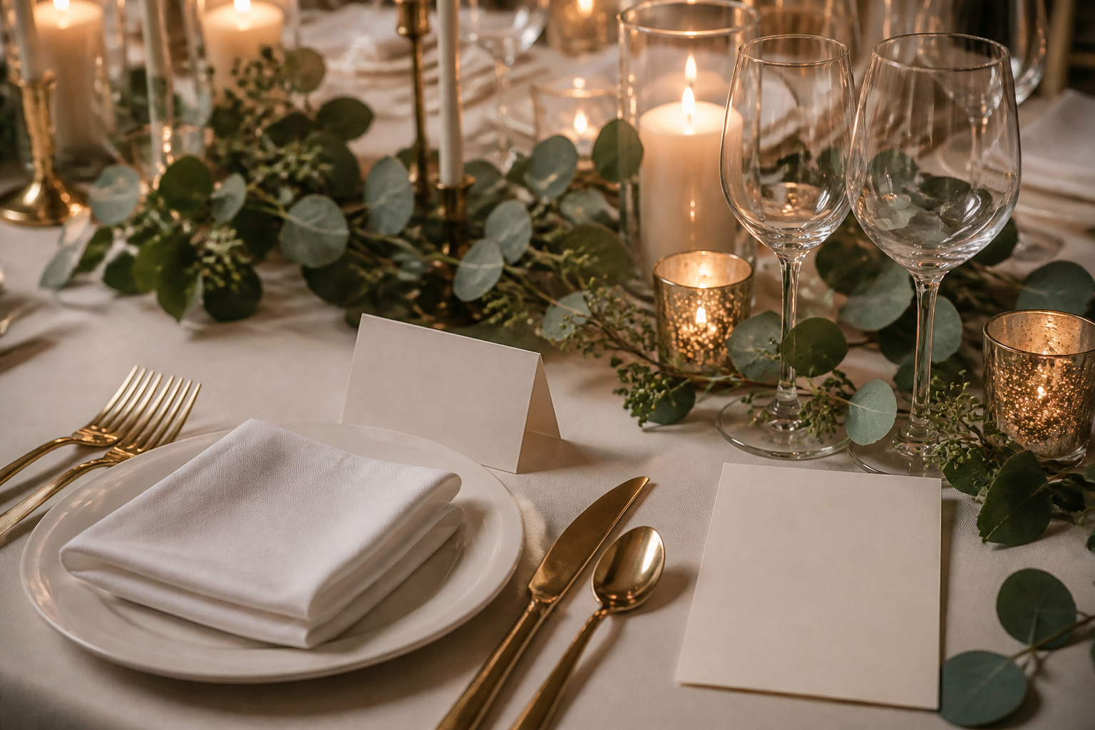 Hochzeitstisch mit passender Tischpapeterie und Eukalyptus