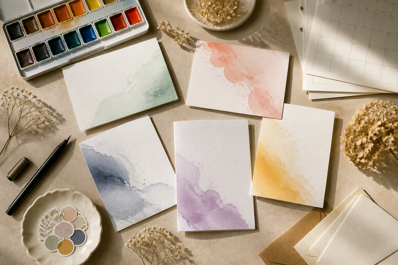 Kreative Grußkarten mit Aquarellfarben Stickern und getrockneten Blüten