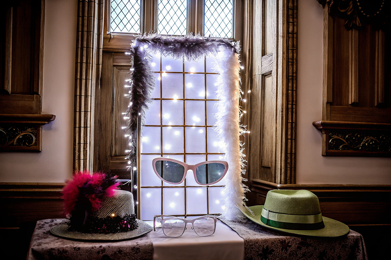 Foto einer Fotobox mit verschiedenen lustigen Requisiten für Hochzeitsgäste. Foto Requisiten Hochzeit
