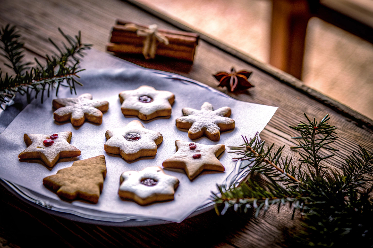 Frisch gebackene, gesunde Weihnachtsplätzchen, präsentiert auf einem rustikalen Holztisch. Gesunde Weihnachtsbäckerei