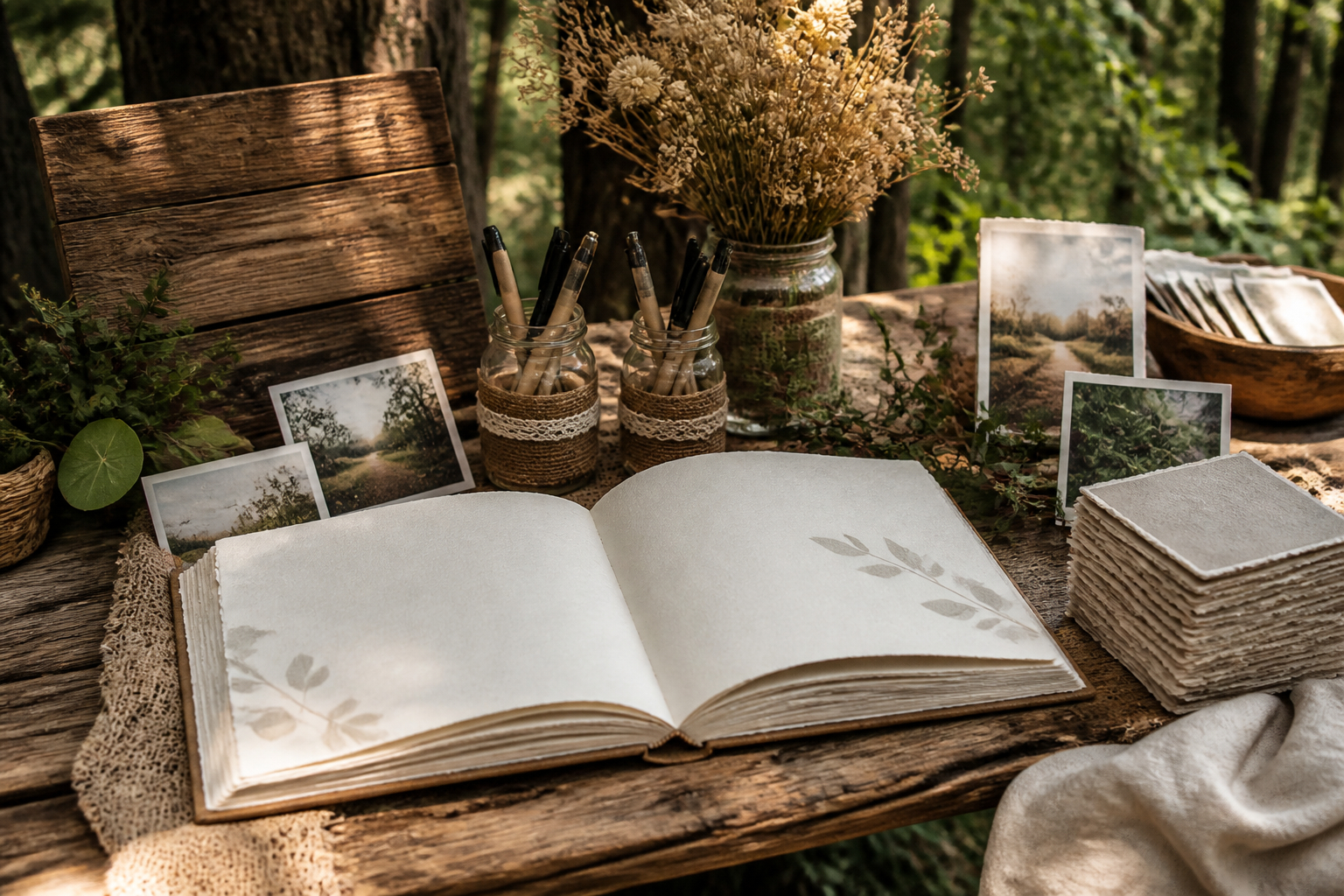 Nachhaltige Gästebuchstation bei einer Gartenhochzeit mit Naturpapier
