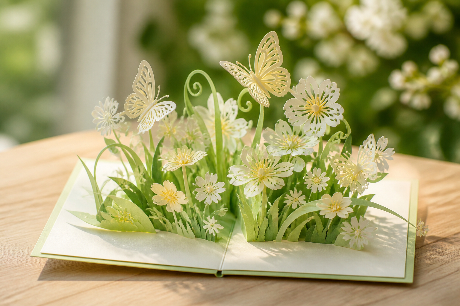 Frühlings-Pop-up-Karte mit Blumen und Schmetterlingen