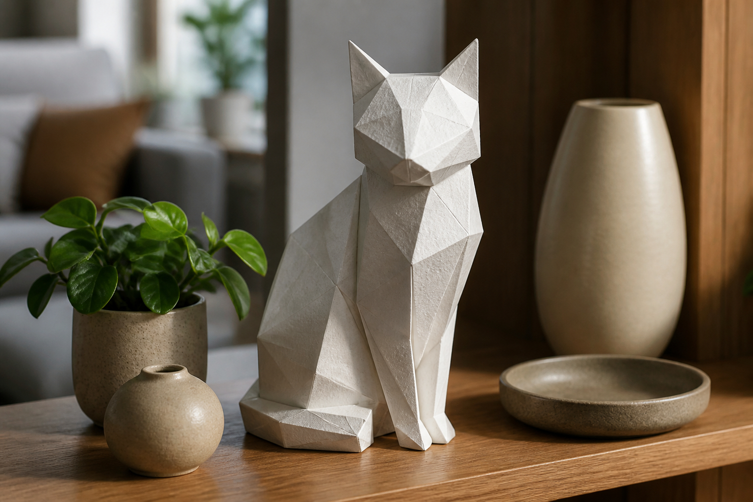 Geometrische 3D-Papierkatze als moderne Dekoration