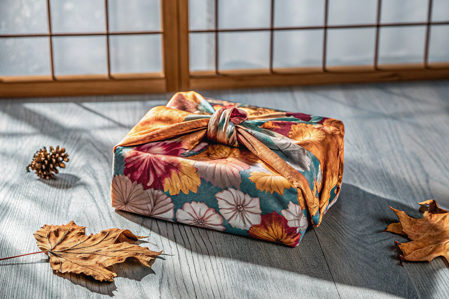 Geschenkverpackung im Furoshiki-Stil mit buntem Stoff. Furoshiki Geschenkverpackung
