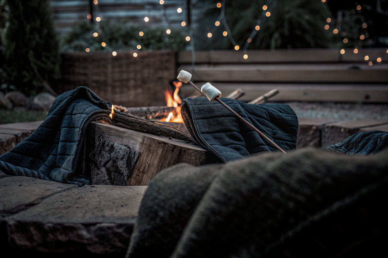 Glückliche Gäste, die gemeinsam am Lagerfeuer sitzen und Marshmallows rösten. Gemeinsam am Lagerfeuer Marshmallows rösten