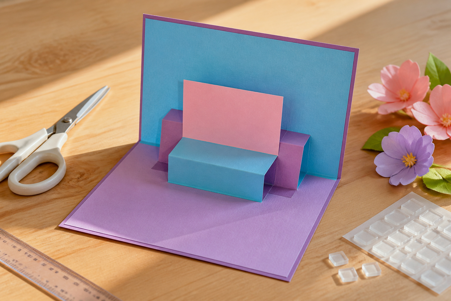 Pop-up-Karte basteln mit Papier, Schere und Falzwerkzeug