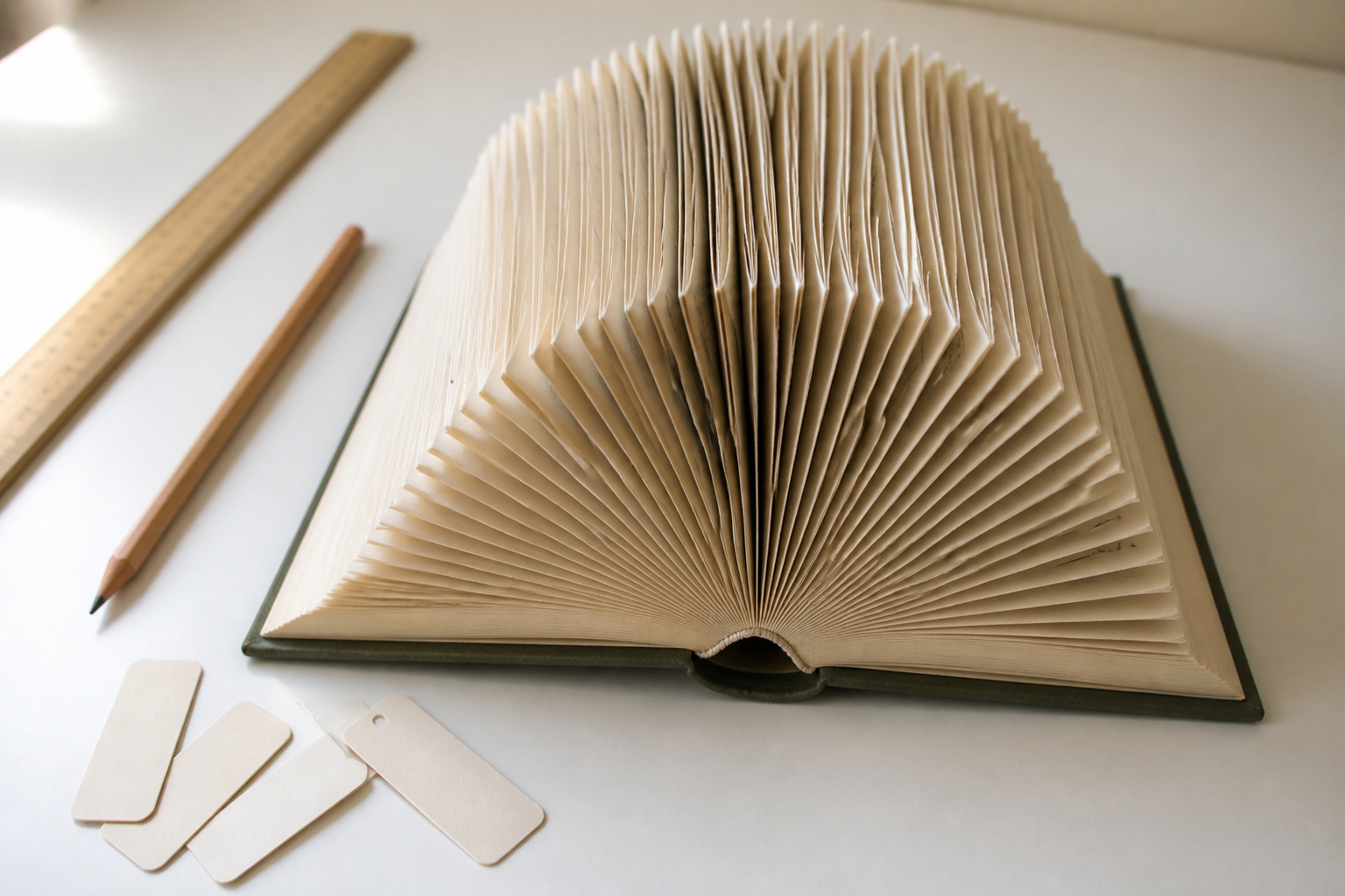 Buchseiten falten mit Lineal und Bleistift