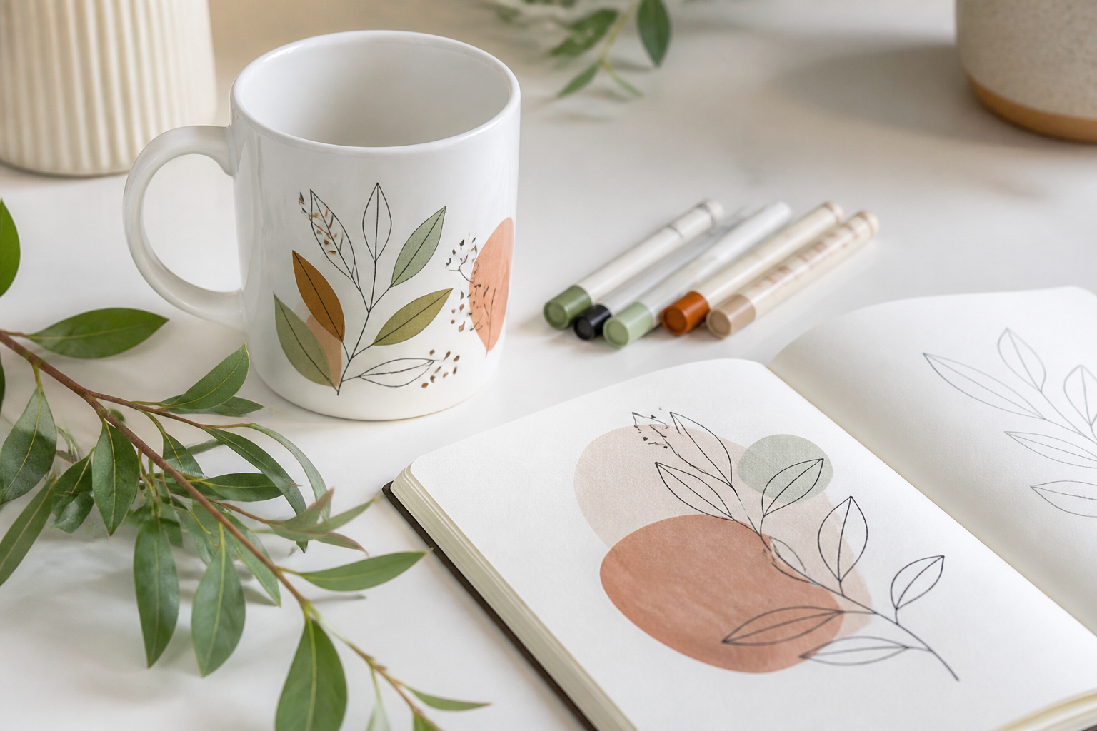 Porzellan bemalen mit botanischem Pflanzenmotiv auf einer Tasse