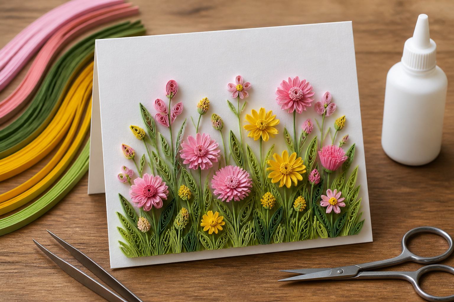 Papierquilling-Blumenwiese als 3D-Karte für Anfänger