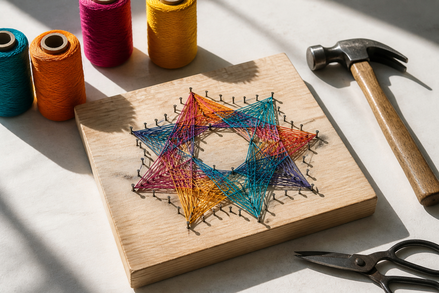 Materialien zum Fadenbilder selber machen mit Holz Nägeln und Garn