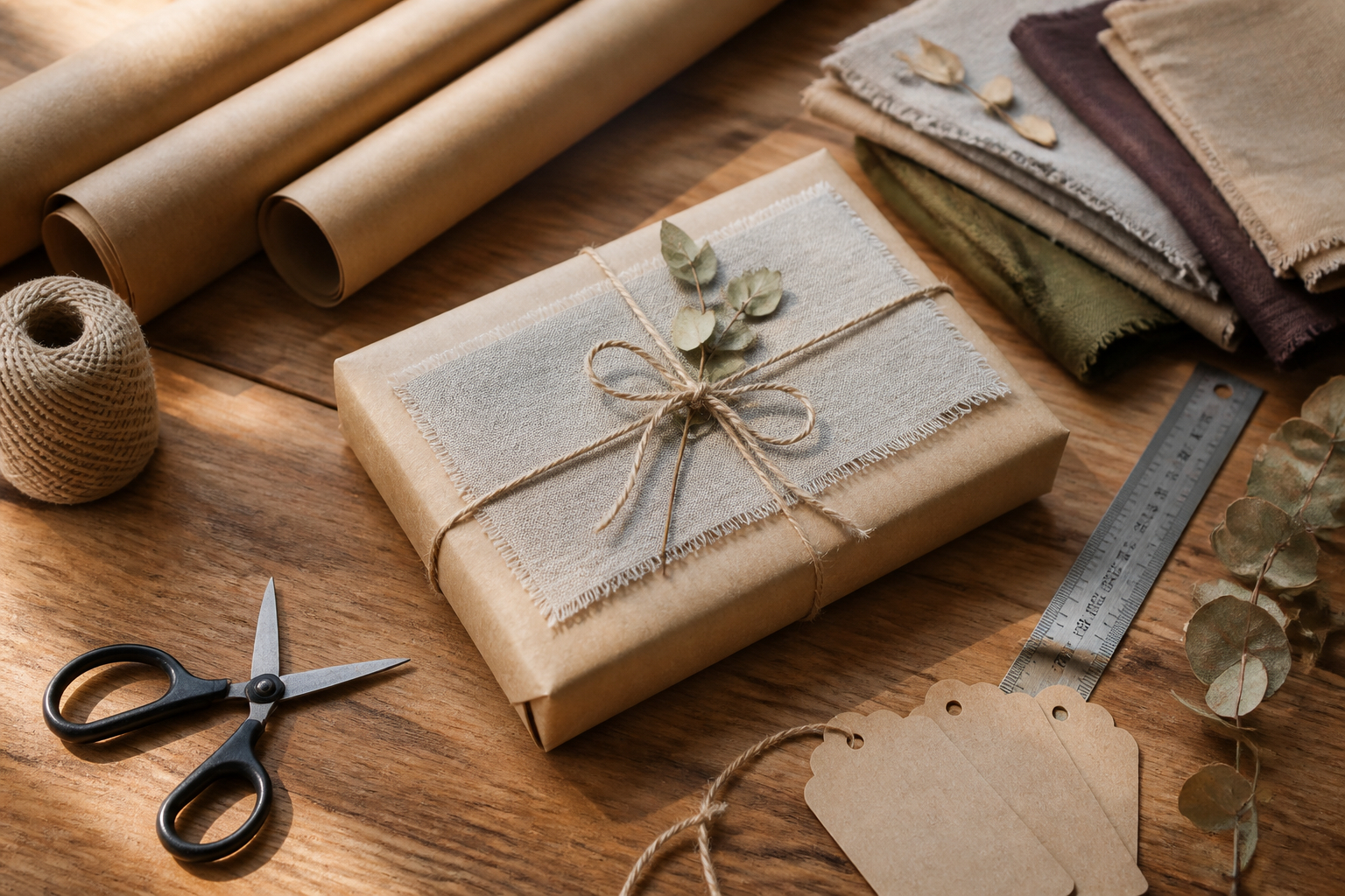 Materialien zum Geschenkeverpacken ohne Plastik mit Papier und Stoff
