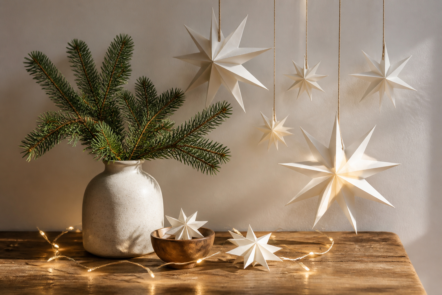 Minimalistische Weihnachtsdeko aus Papier mit weißen Sternen