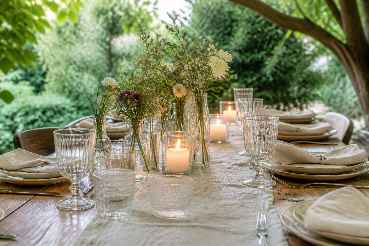 Stilvolle nachhaltige Hochzeitstischdekoration mit weißem Tischläufer