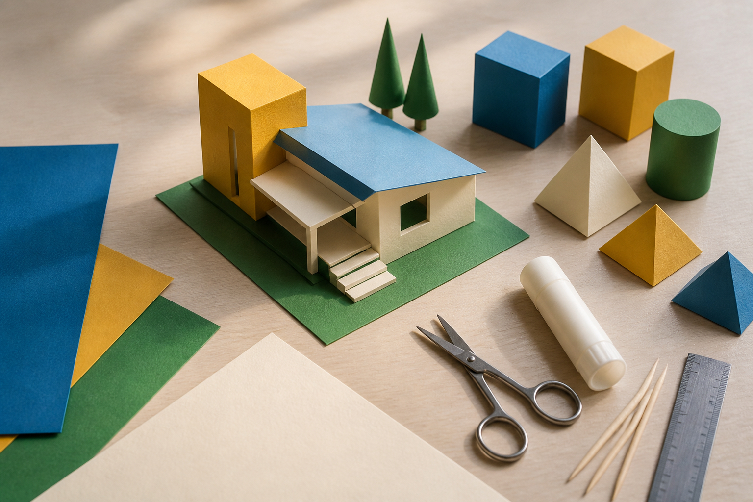 Basteltisch mit Werkzeugen und Teilen für ein 3D-Papiermodell