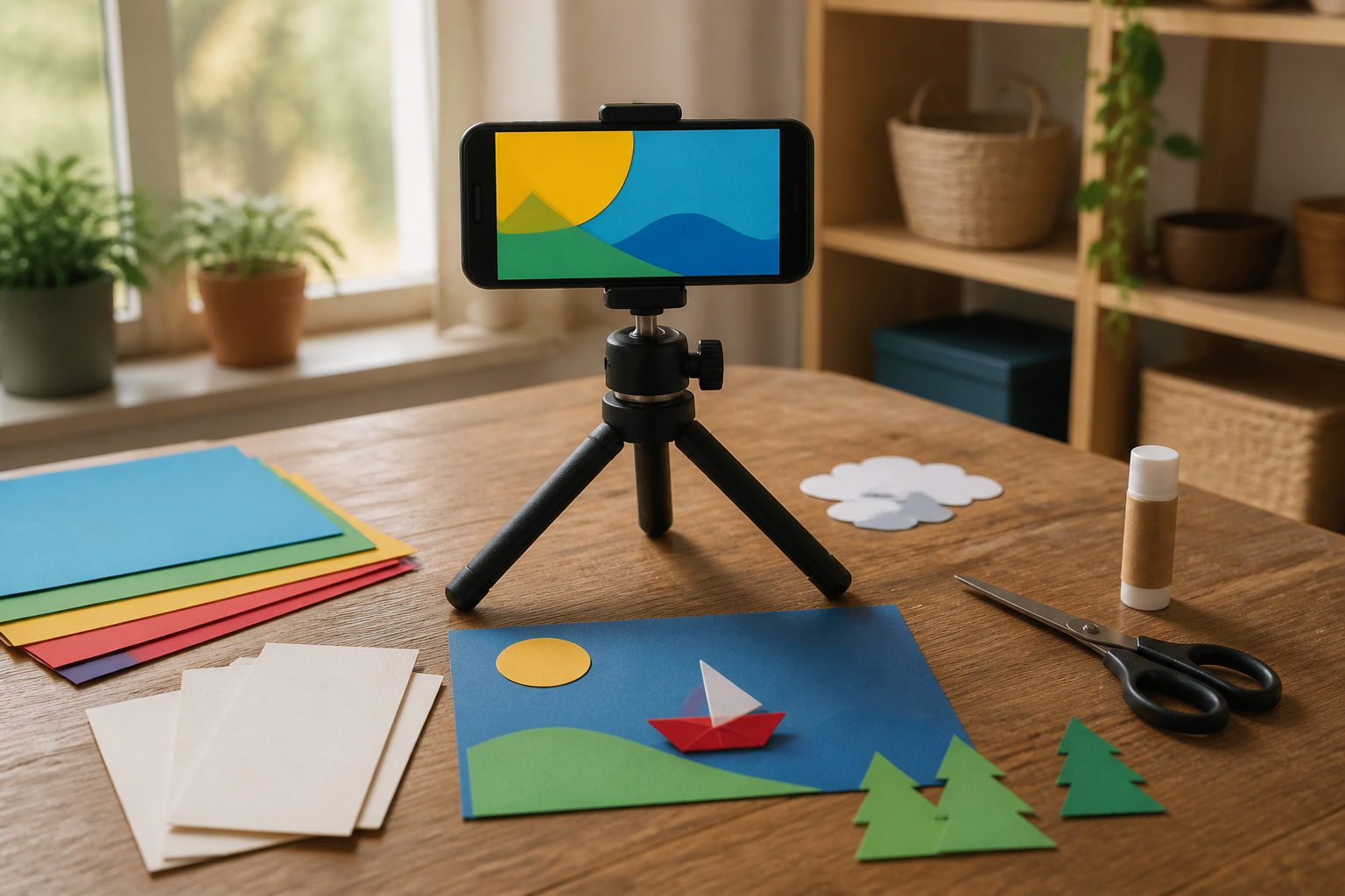 Smartphone auf Stativ für Stop-Motion-Bastelprojekt