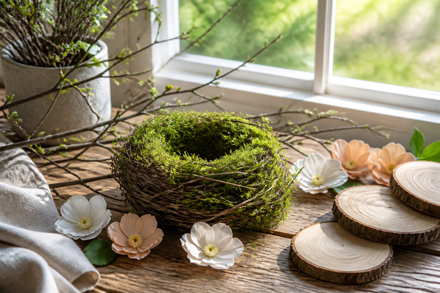 Frühlingsdeko aus Moos Holz und Zweigen basteln