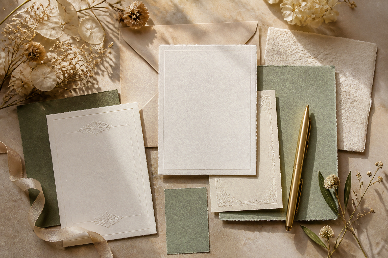 Moodboard für harmonische Hochzeitspapeterie mit Papier und Farbkarten