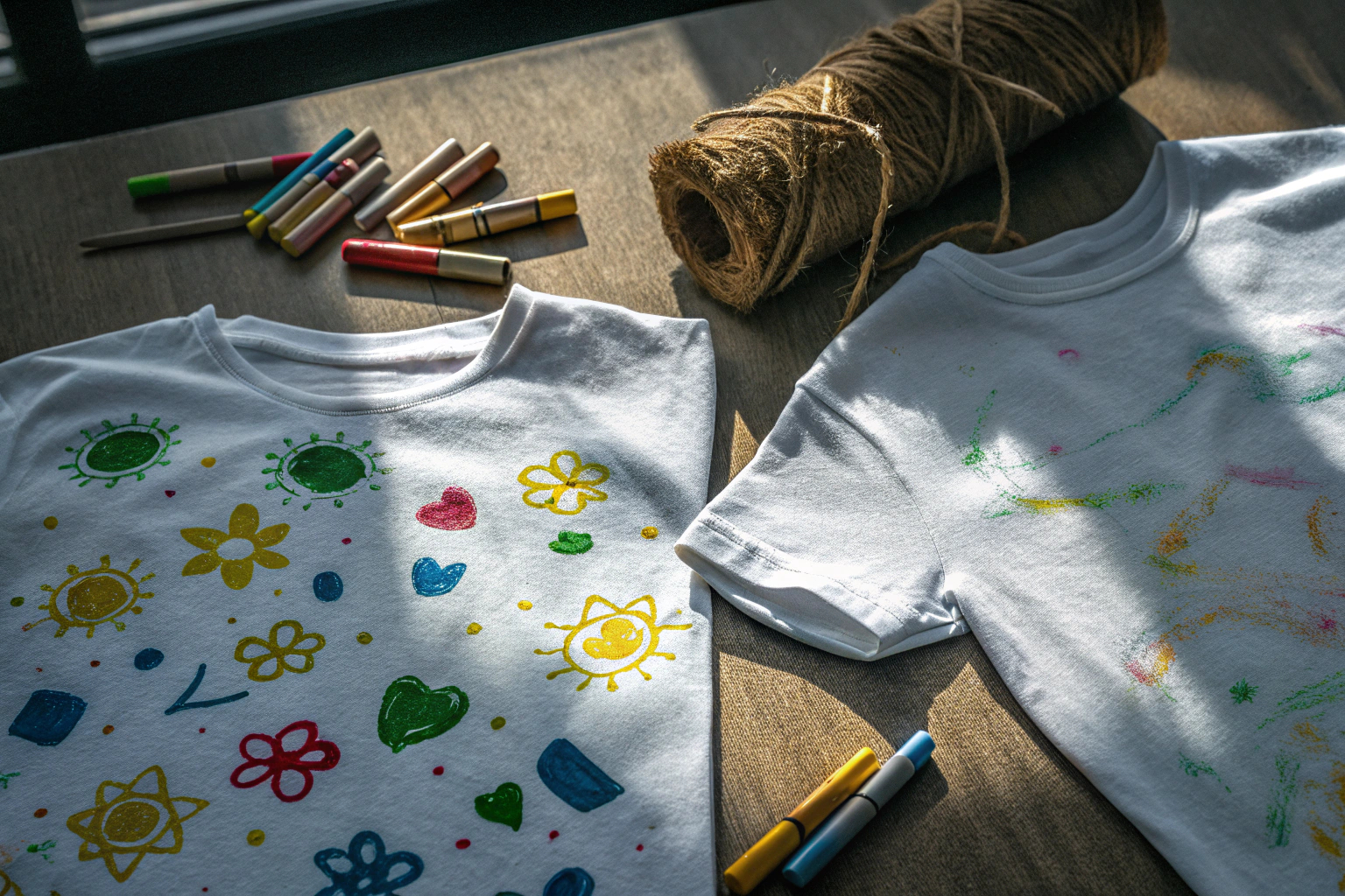 Kinder bemalen T-Shirts mit bunten Textilstiften. Kinder bemalen T-Shirts