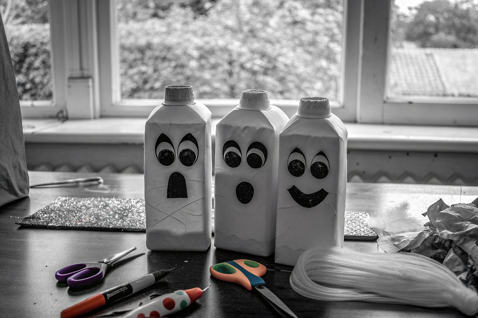 Kinder, die aus Milchkartons lustige Geister basteln. Bastelprojekt aus Milchkartons