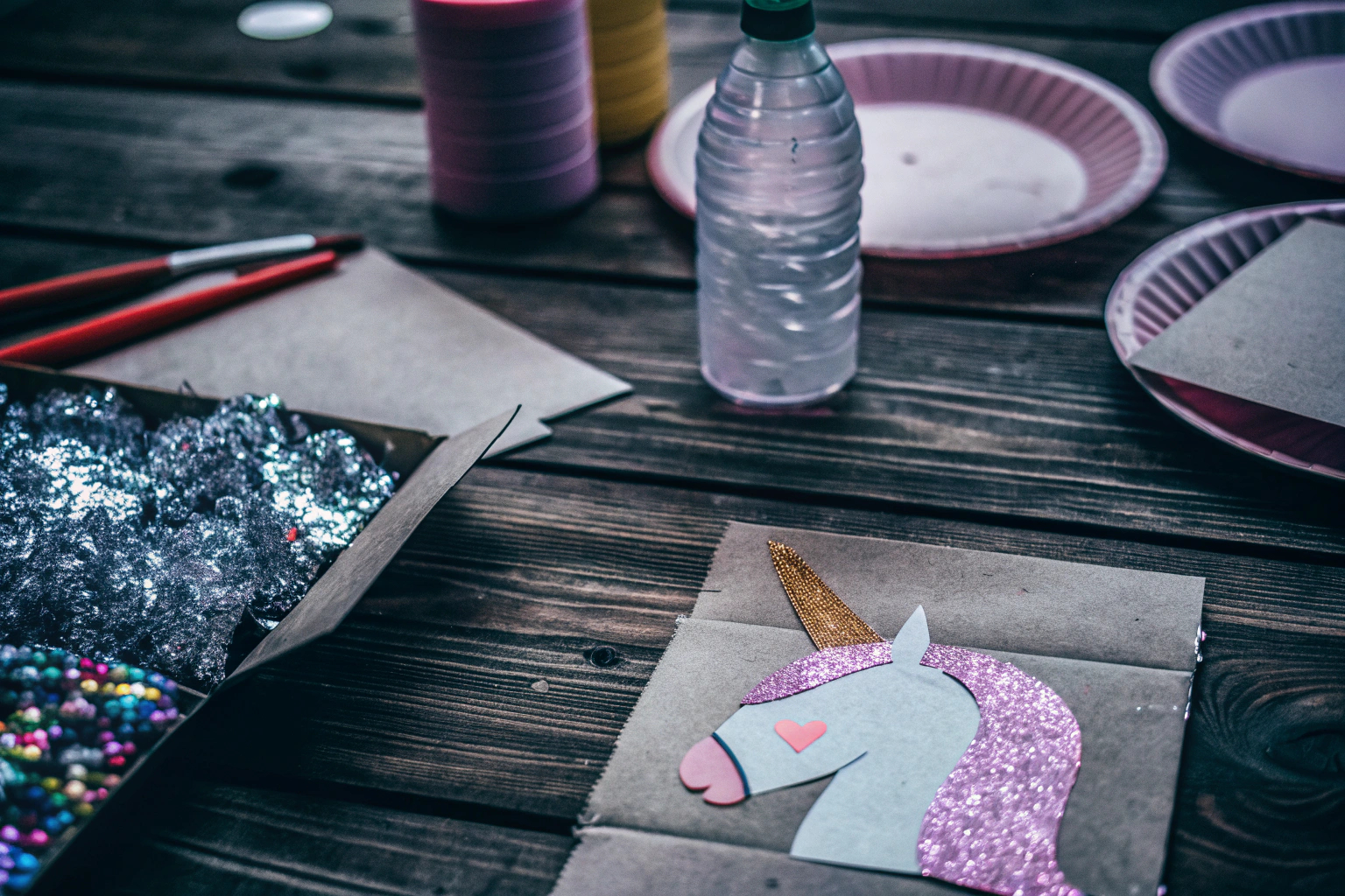 Kinder, die Einhörner aus recycelten Materialien basteln. Einhorn-Party Bastelprojekt