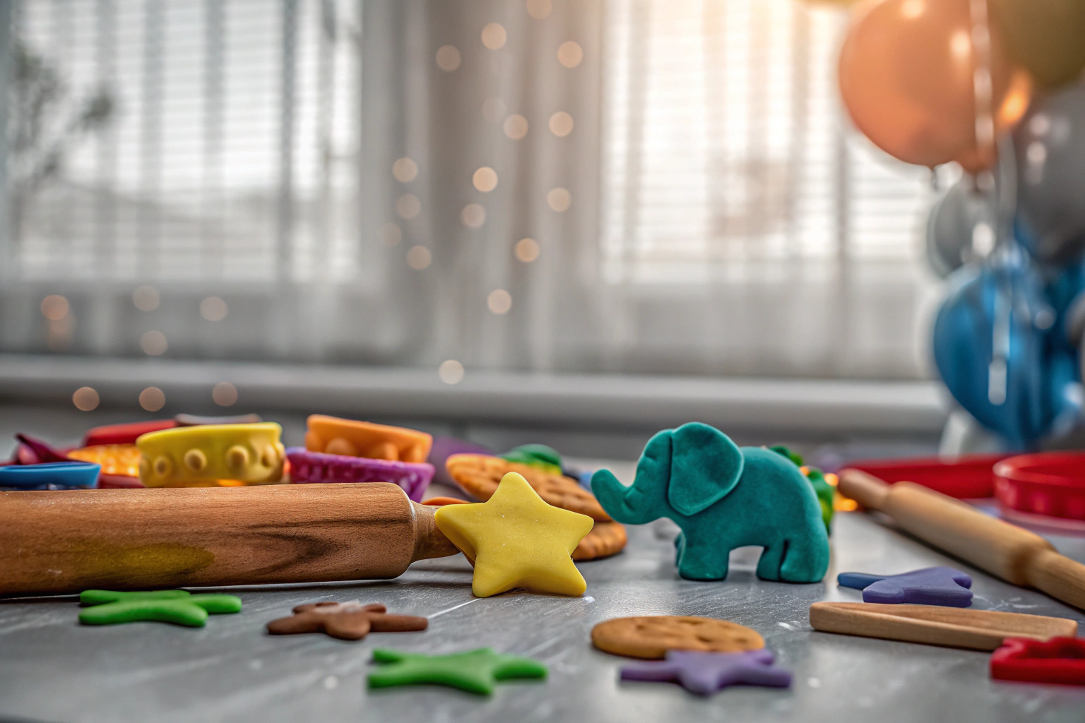 Kinder, die mit Play-Doh Knete bunte Figuren formen, während sie an einem Tisch sitzen. Kinder beim Kneten mit Play-Doh