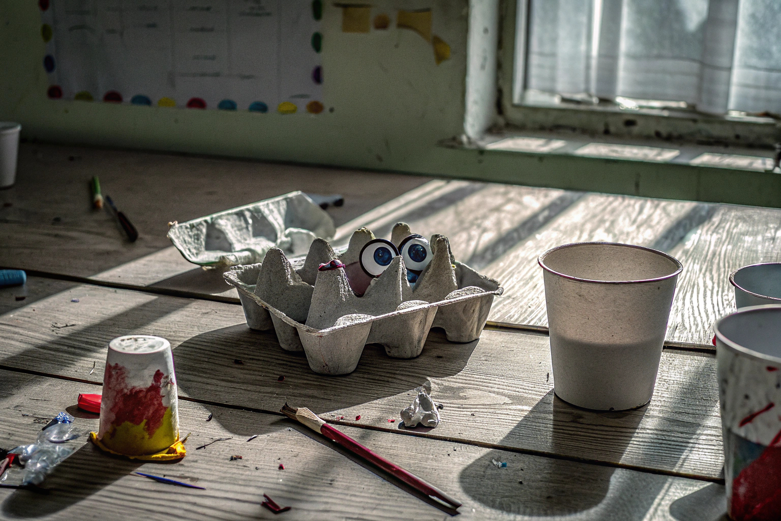 Kinder, die mit recycelten Materialien wie Joghurtbechern und Eierkartons basteln. Nachhaltiges Basteln mit recycelten Materialien