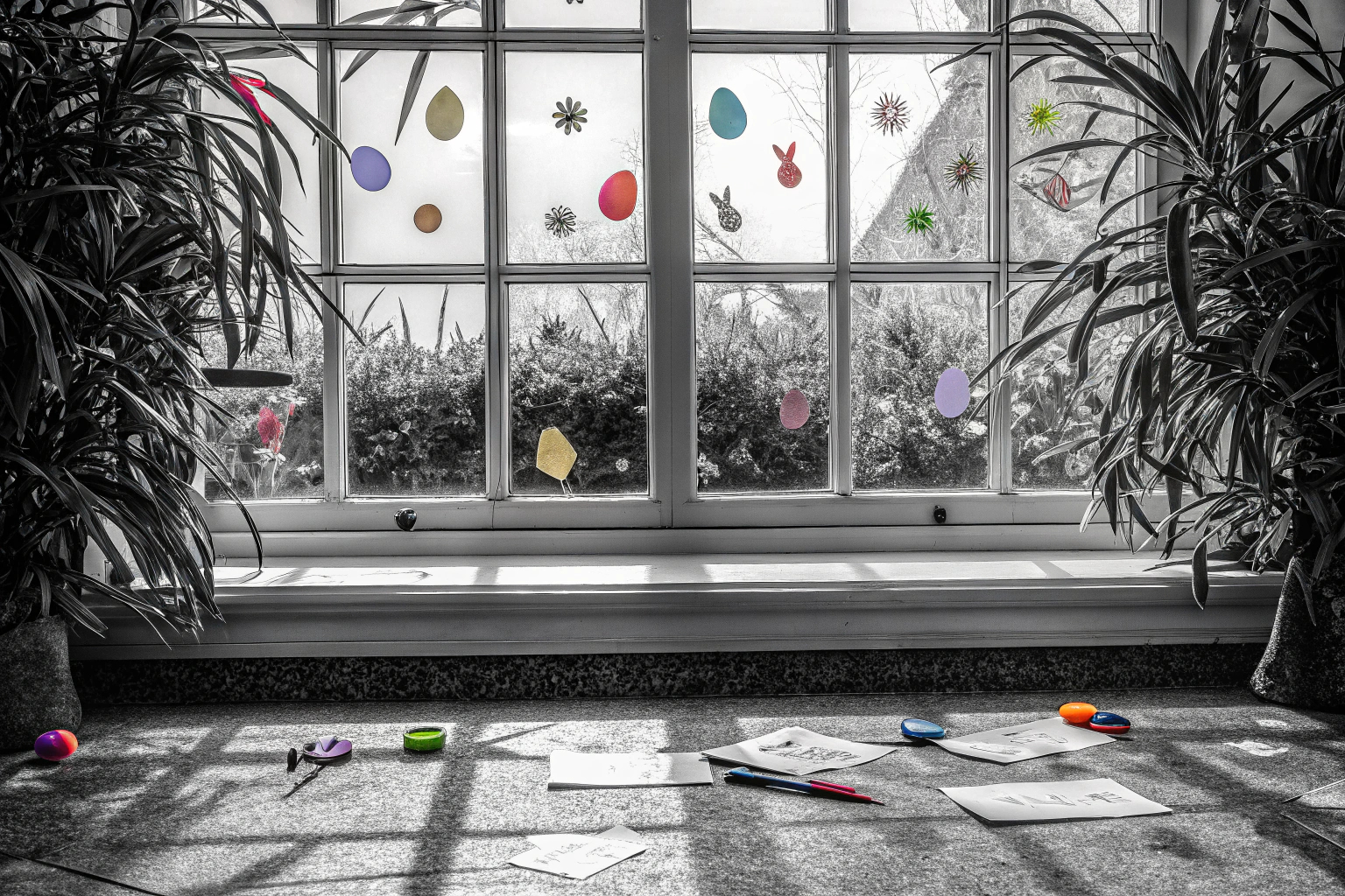 Kinder, die vor einem Fenster stehen und bunte Fensterbilder anbringen. Kinder dekorieren Fenster mit Osterfensterbildern