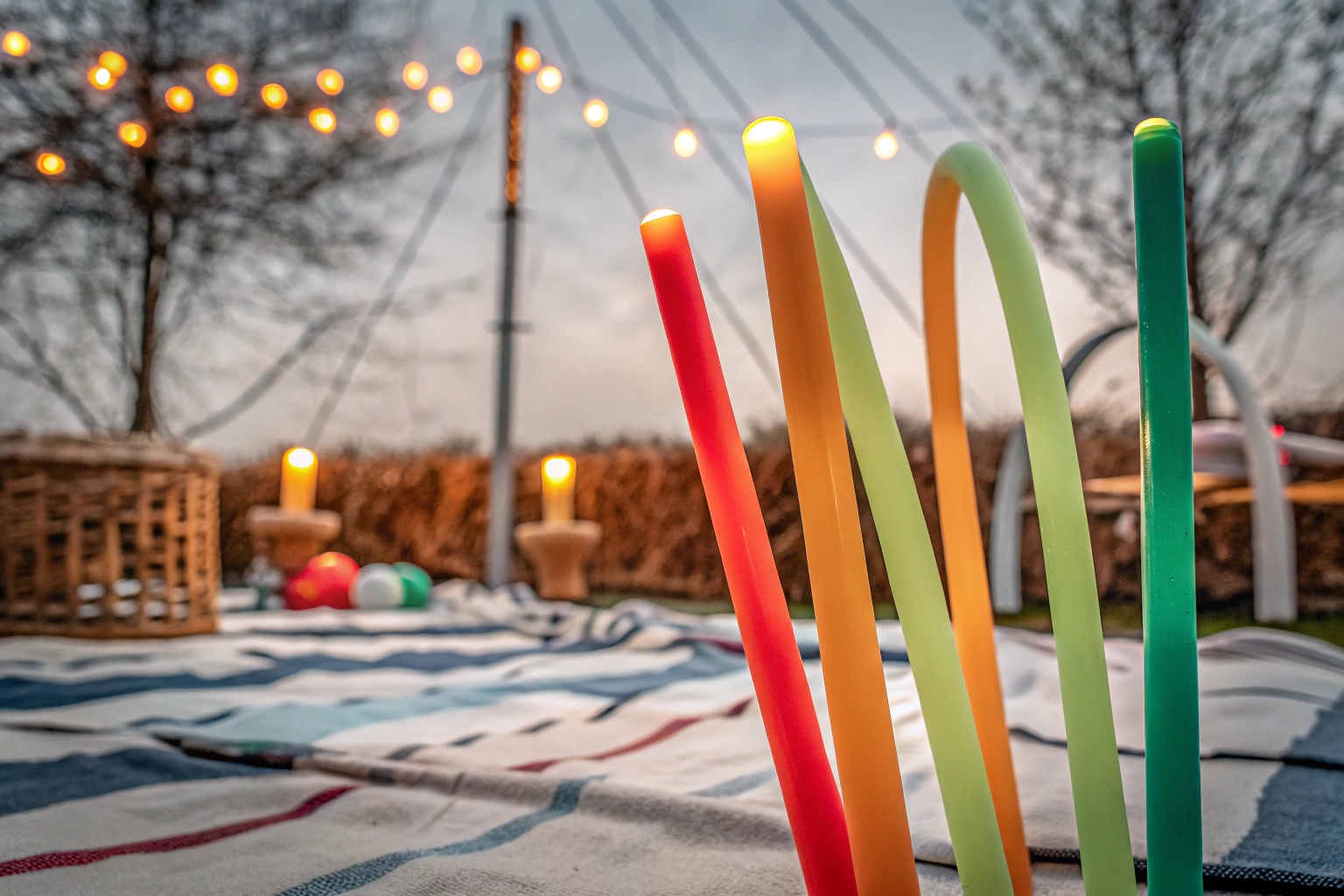 Kinder spielen mit bunten LED Pop Tubes in einer abendlichen Partyatmosphäre. Kinder spielen mit LED Pop Tubes