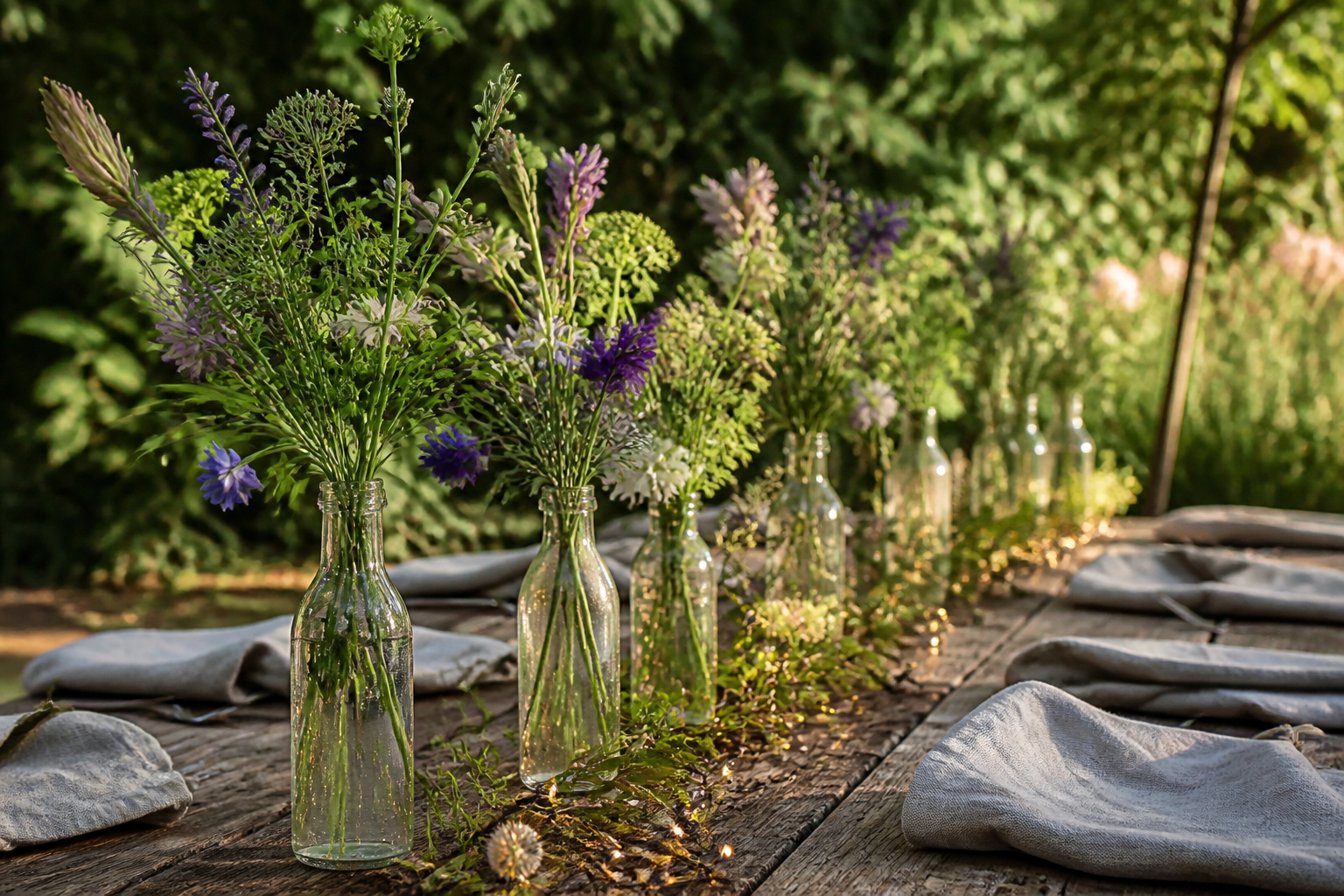 DIY-Blumenarrangements aus Kräutern und saisonalen Blumen für eine Gartenhochzeit