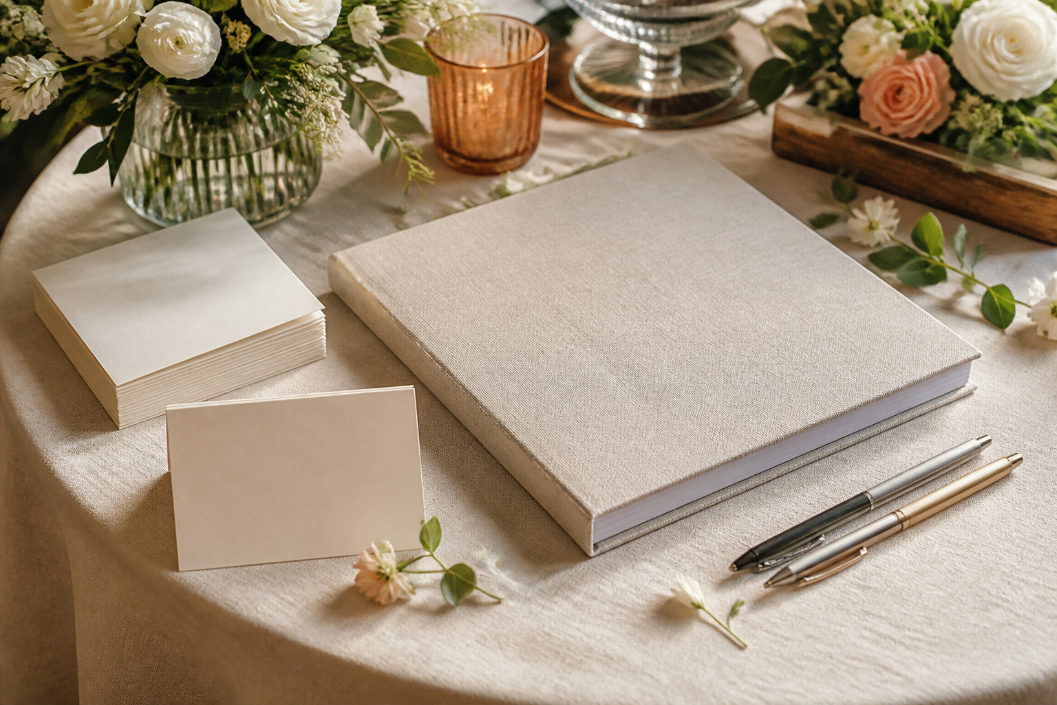 Gästebuch und Postkarten als Erinnerungstisch bei einer Hochzeit