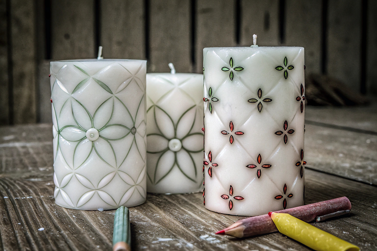 Kreative Designs auf Kerzenoberflächen, verziert mit bunten Wachsplatten und Stiften. Kerzen mit kreativen Designs