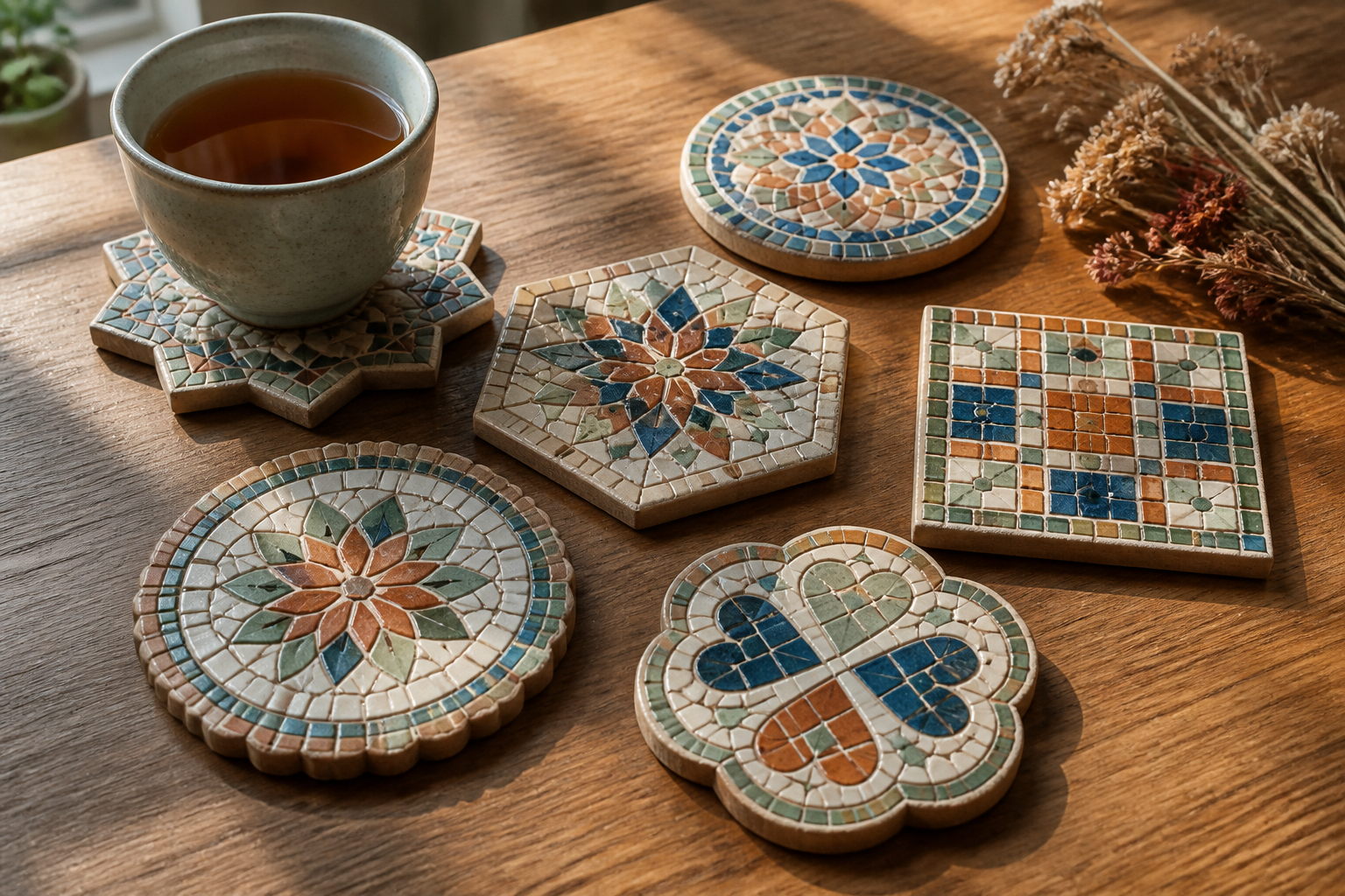 Fertig gestaltete Mosaik-Untersetzer als stilvolle Wohndekoration
