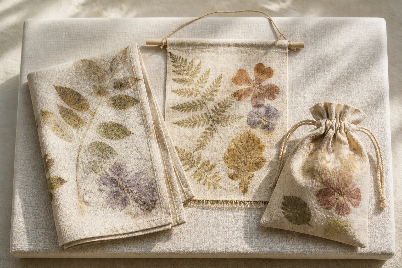 Textile Unikate mit Pflanzendruck für Deko und Geschenke