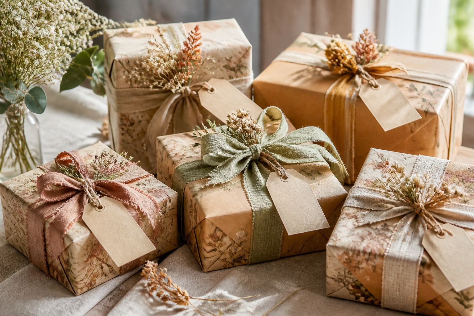 Nachhaltige Geschenkverpackung für Hochzeit mit Kraftpapier und Stoff