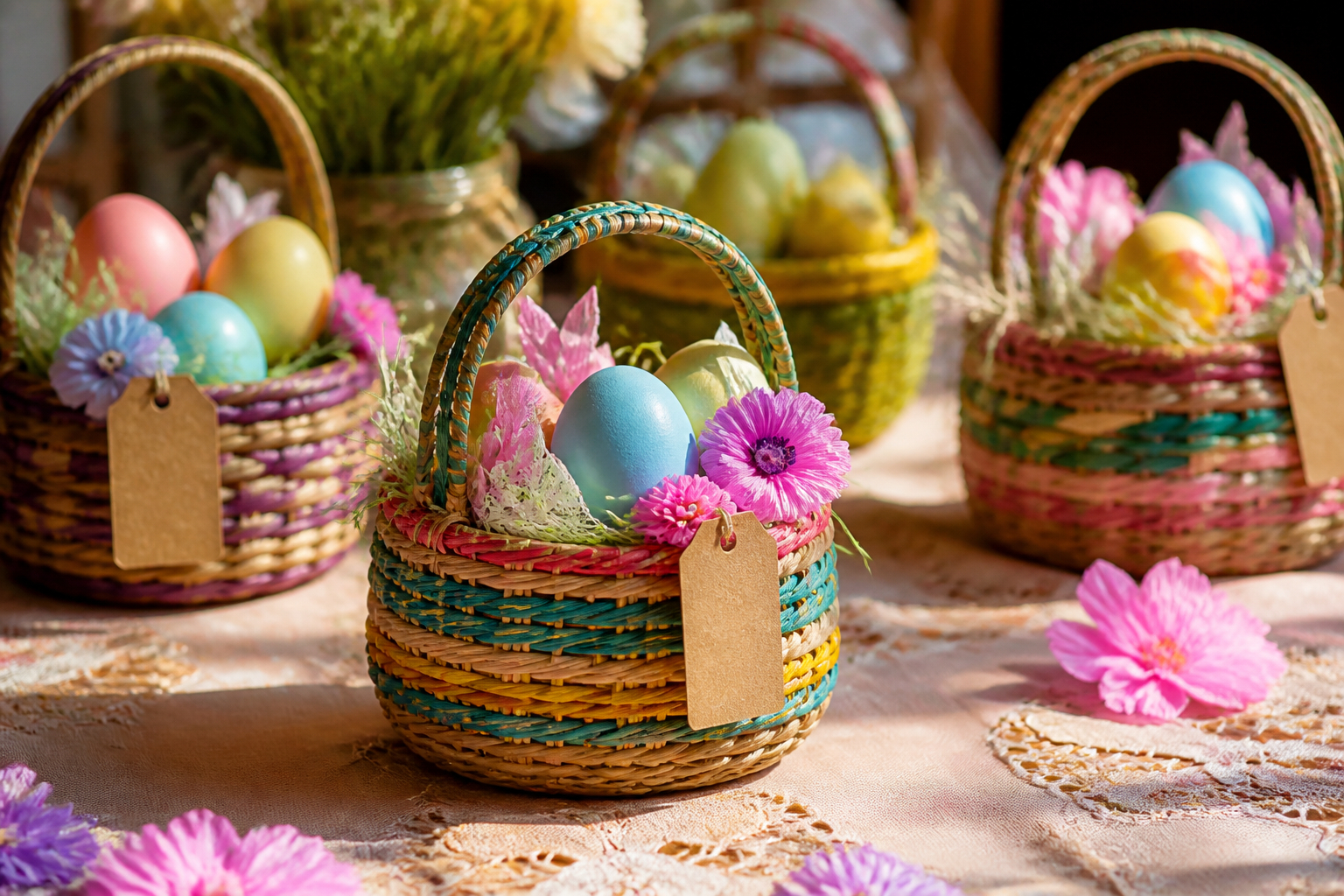 Bunte DIY-Bastkörbe für Ostern und Geschenke