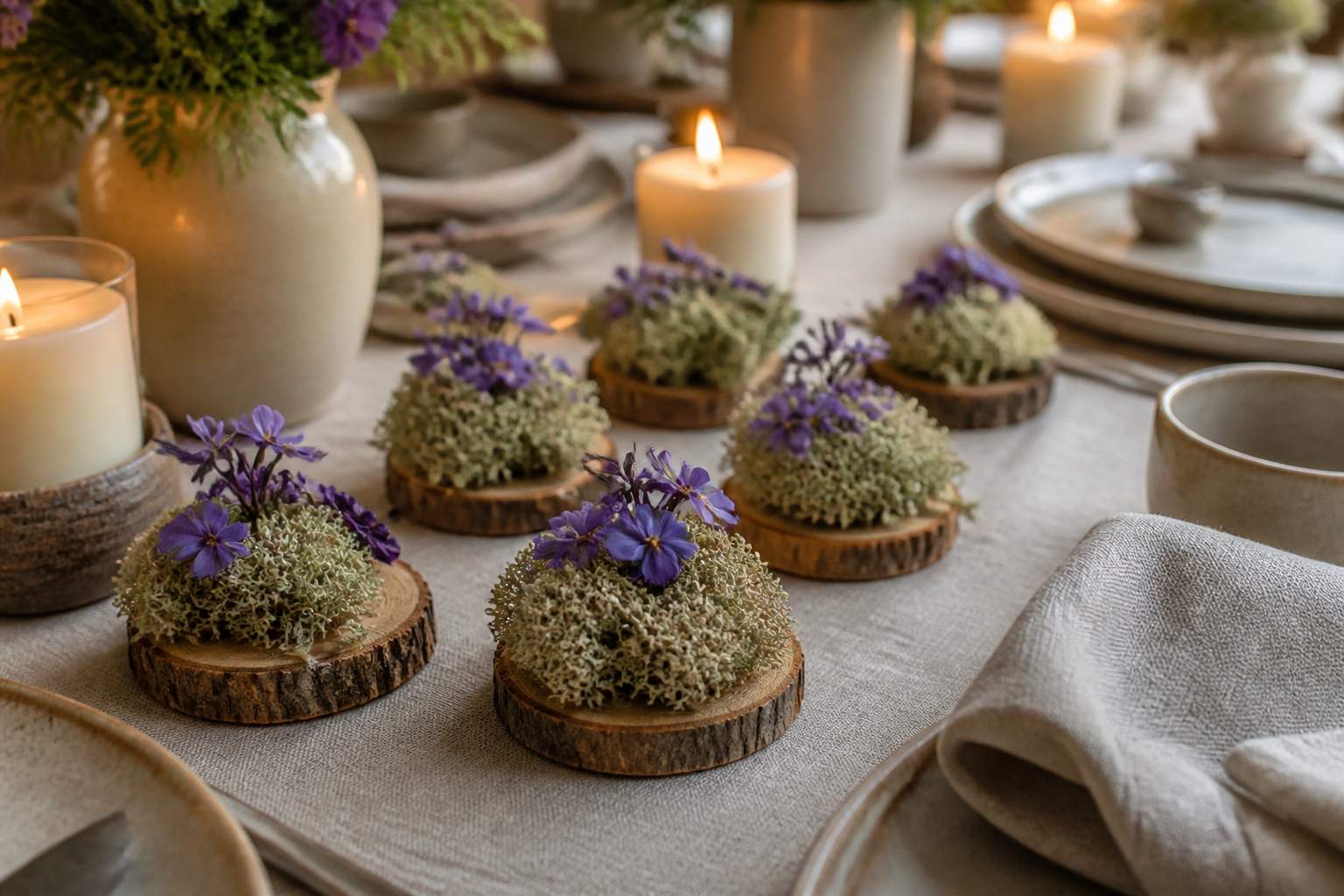 Platzkarten mit Moos und violetten Trockenblumen auf einer Festtafel